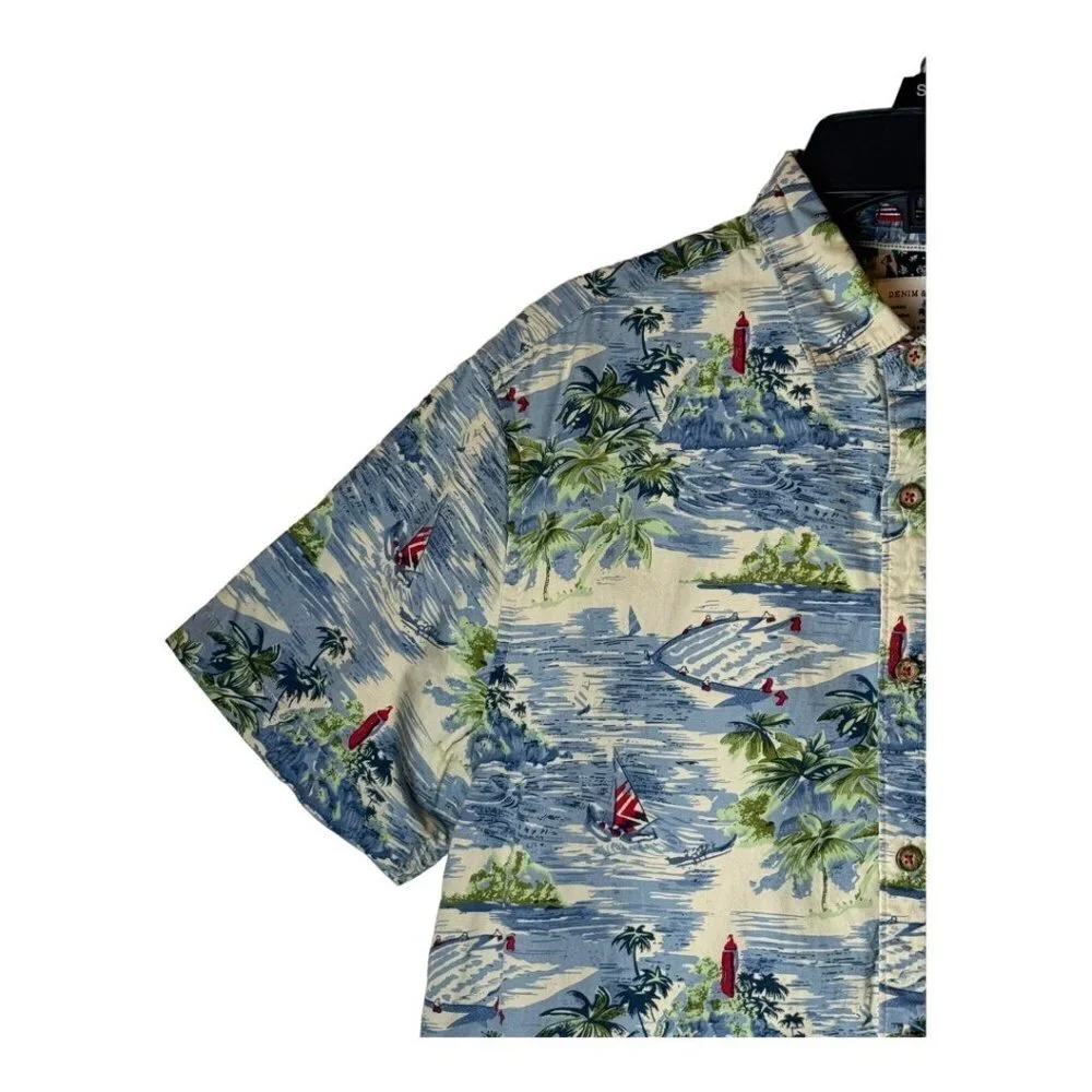 Denim & Flower Blue And Green Slim Fit Cotton Hawaiian Button Front Shirt Size M